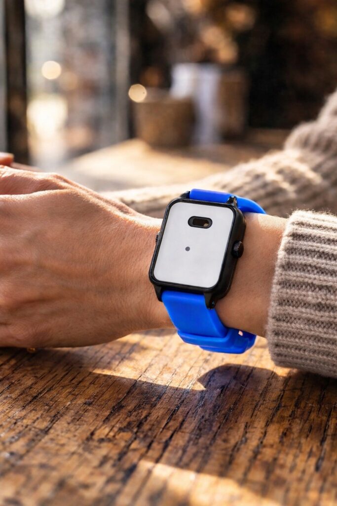 blaues alarmband getragen