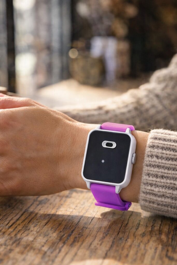 getragenes armband in lila